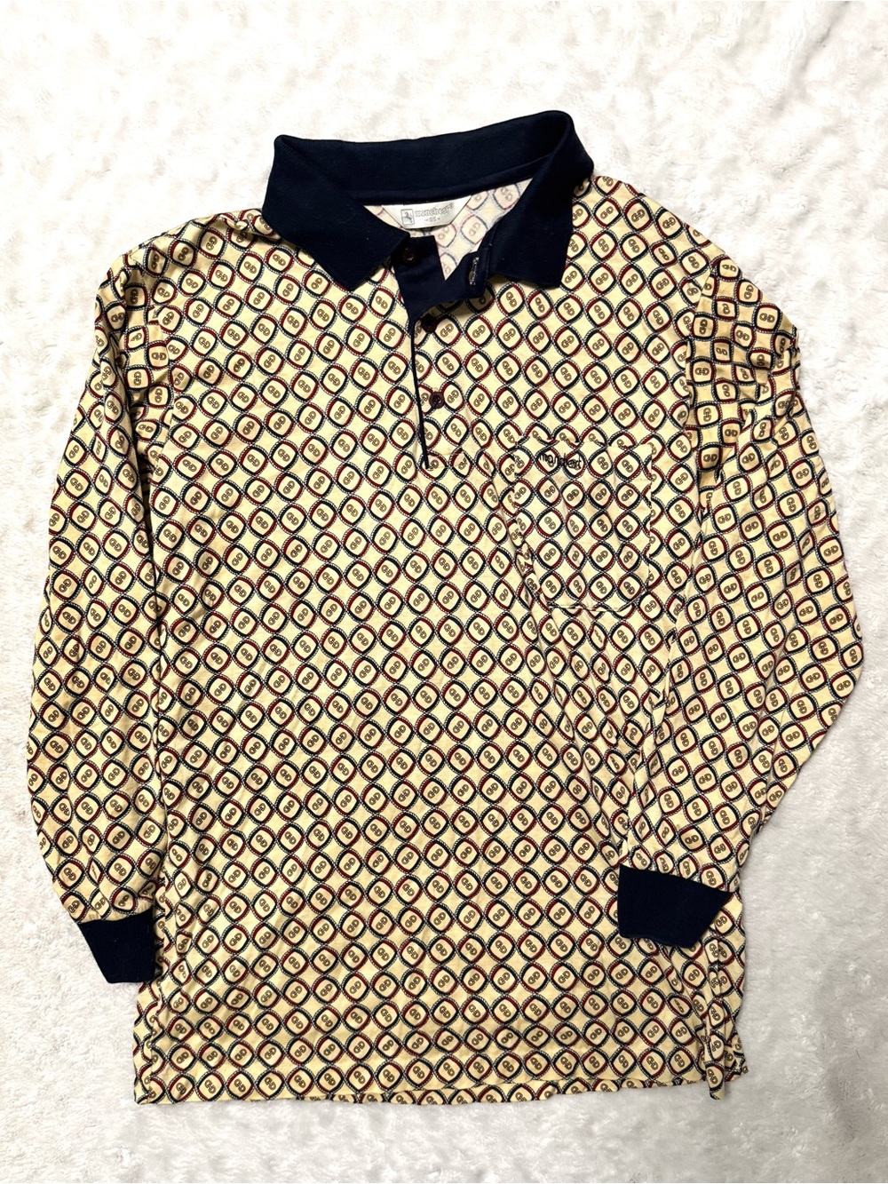 MANCHEST 95 Men's Geometric Long Sleeve Polo Shirt in Cream and navy